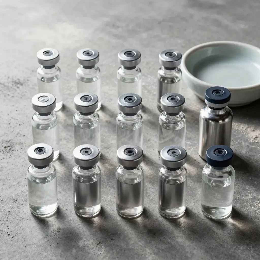 Overhead life-science still life of vials, ampoules, a sample boat, and septa on concrete.