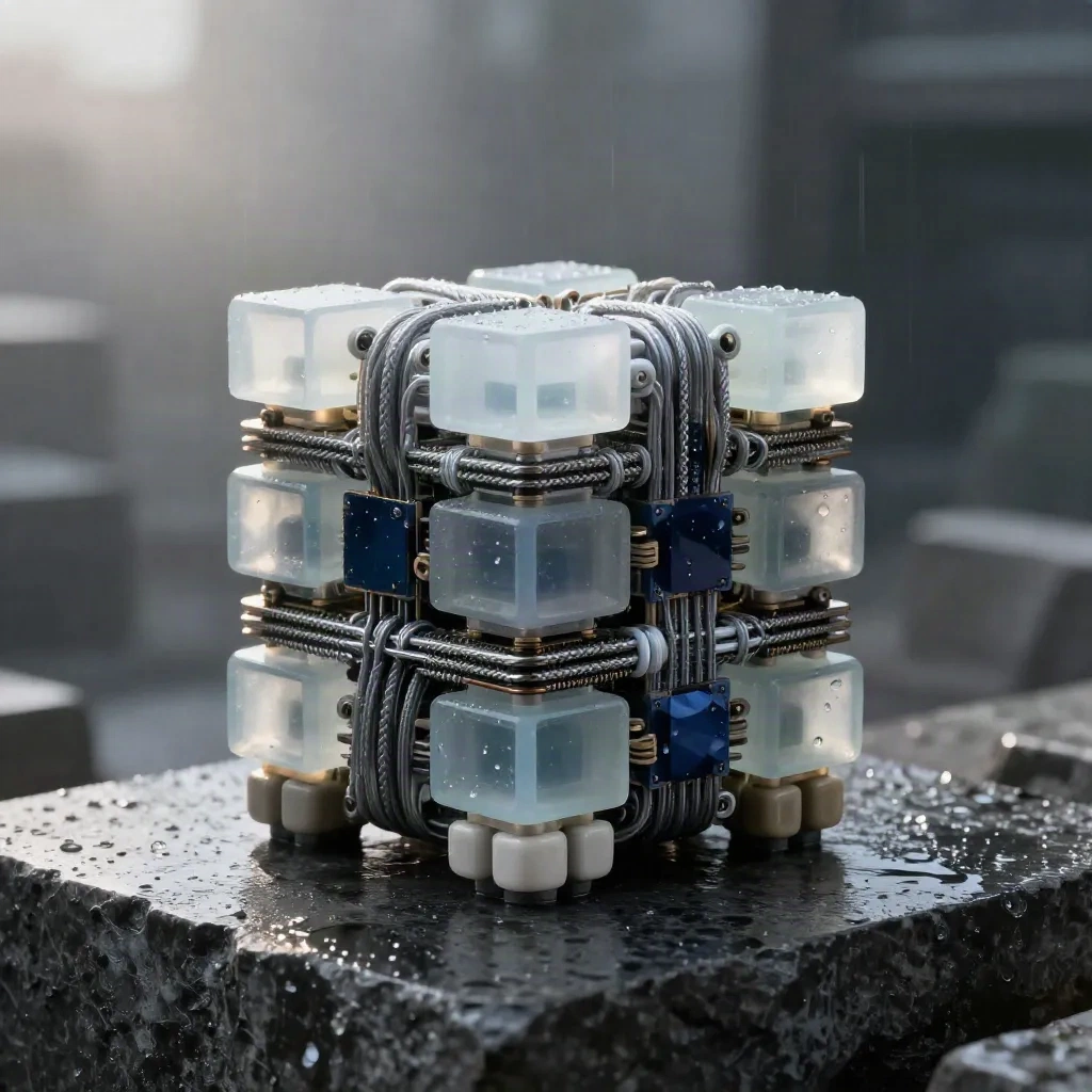 Graphite compute-core sculpture with glass nodes and wafers on wet stone in misty studio light