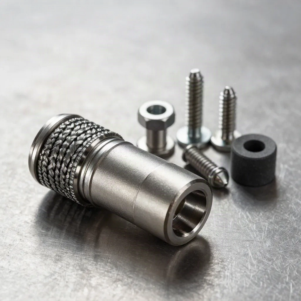 Machined titanium aerospace parts clustered on brushed metal, close and sharply lit.