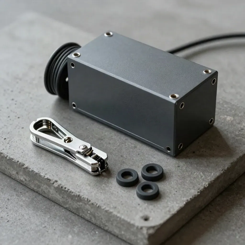 Graphite relay case, cable spool, clamp and rubber grommets on dark concrete.
