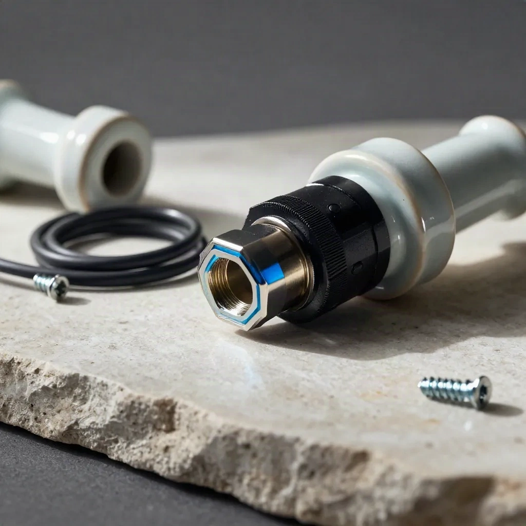 Ceramic insulators and a connector shell on pale stone with soft shadow and cyan highlight