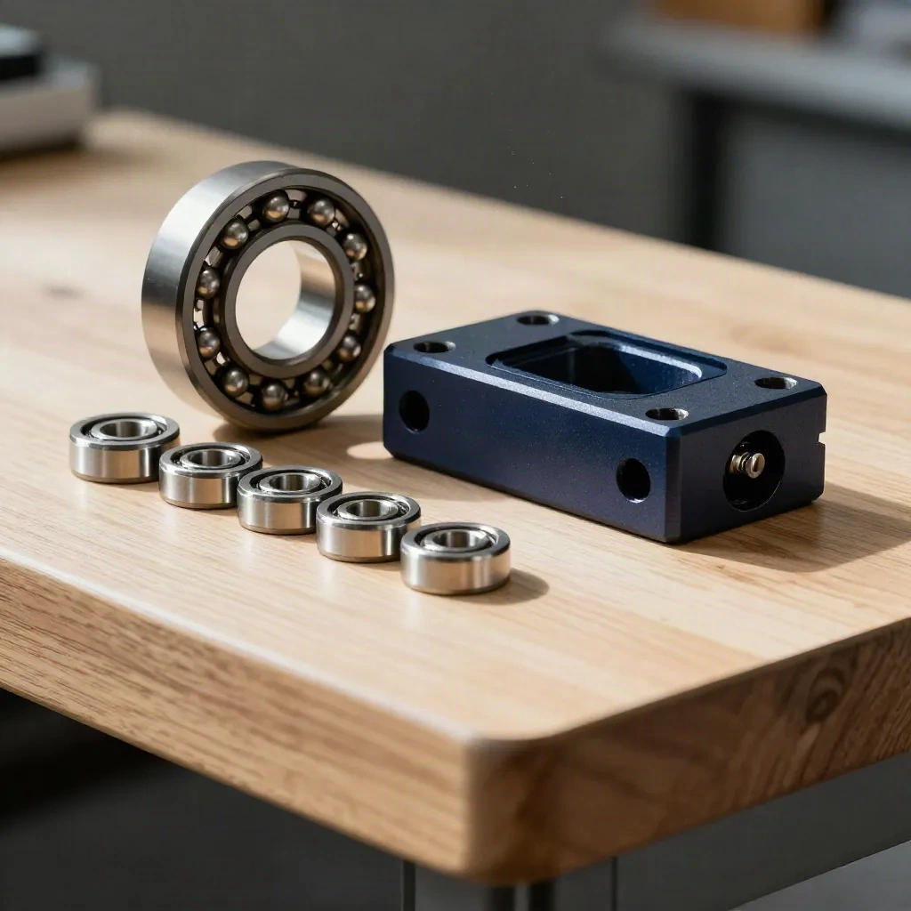 Robotics bearings, race, dowel pins, and bracket on pale wood in dramatic studio light.