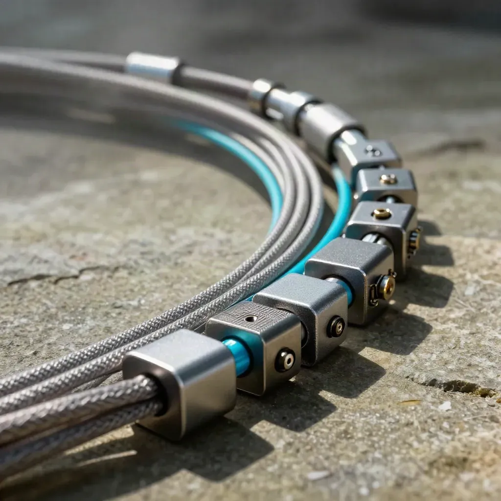 Fiber-optic harness with couplers and splitter block on brushed stone