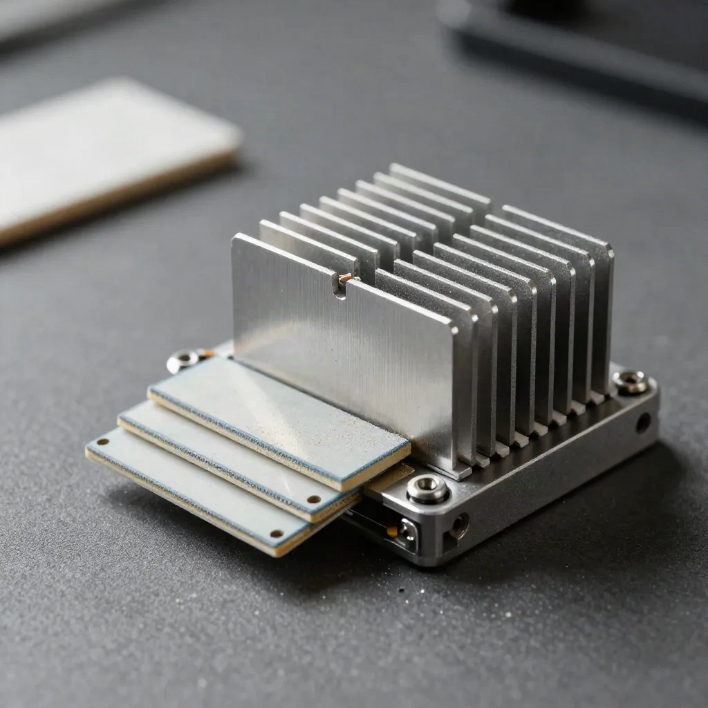Extreme macro of a heat-sink module, ceramic pads and silicon wafers on graphite.