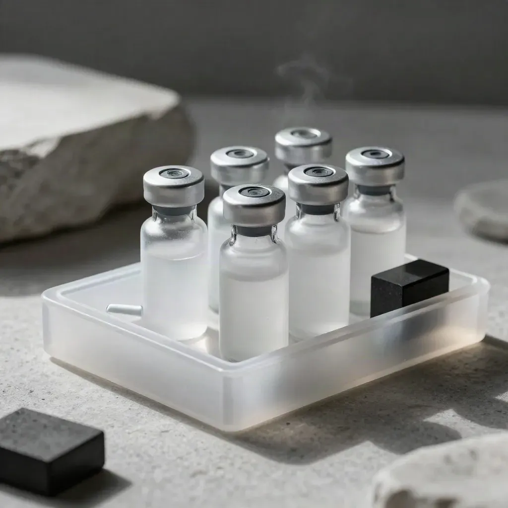 Frosted biotech ampoule tray with sealed vials and graphite block on pale stone