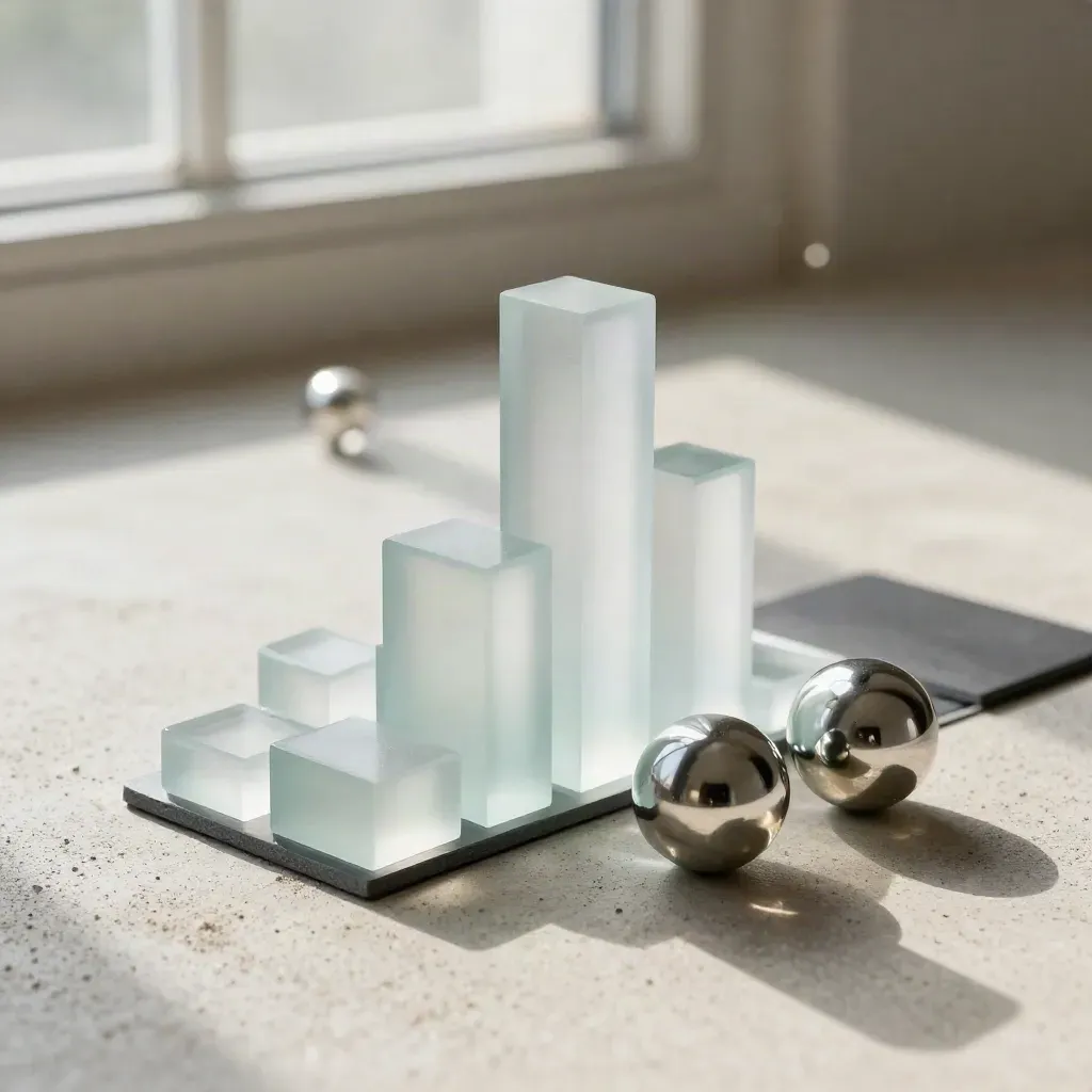 Frosted glass calibration bars with steel spheres on pale concrete, softly lit