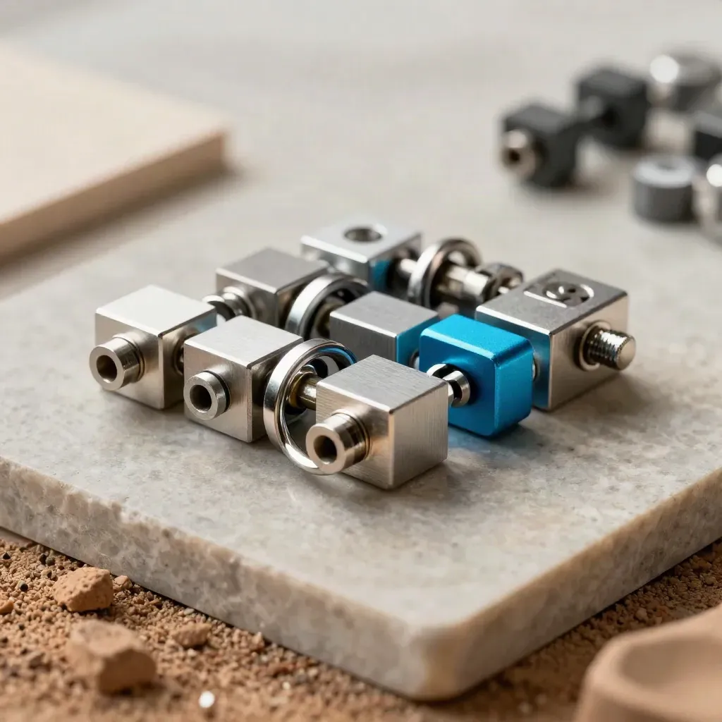 Top-down macro of modular metal workflow blocks, rings and pins on a limestone slab with cyan accents.