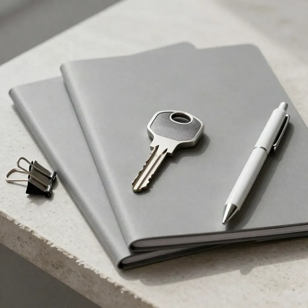 Hardware key, folders, clips, and pen arranged on pale stone in dramatic studio light.