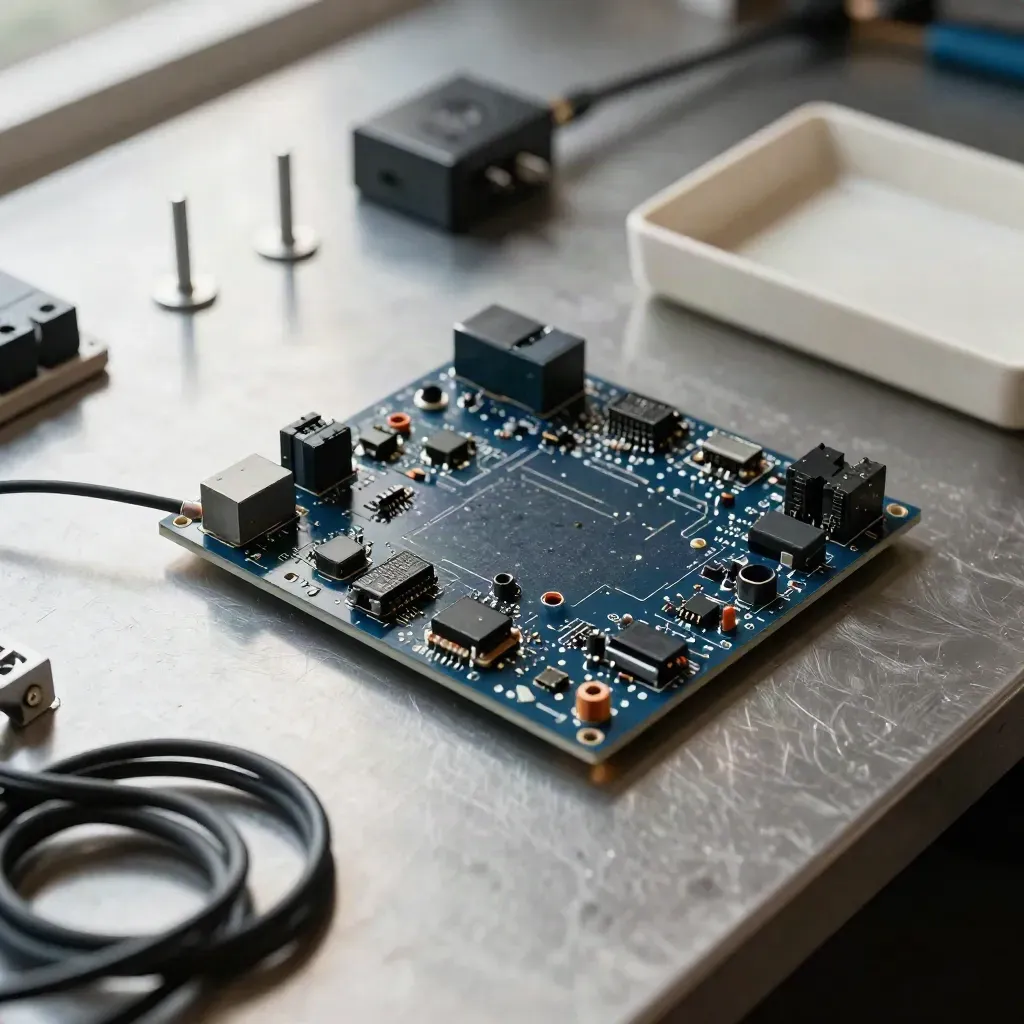 Prototype boards and braided leads on a brushed-metal electronics bench seen through a soft cable loop.