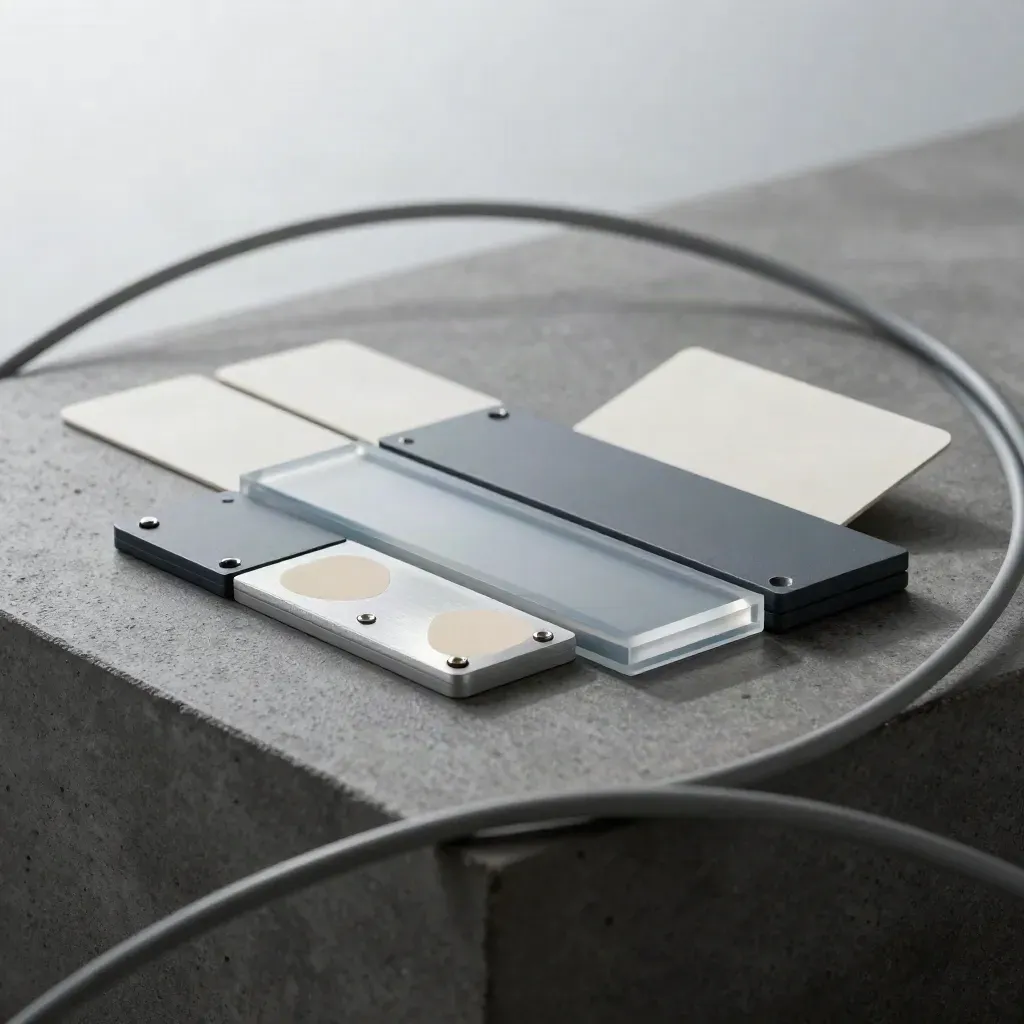 Modular interface blocks, sensor pads, and sample cards on dark concrete, seen through a cable arc.