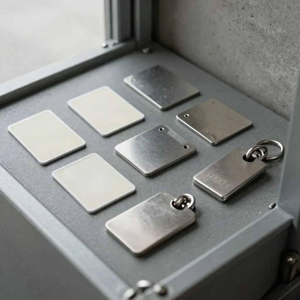 Audit-ready security tokens, smartcards, clips and key on graphite stone, shot through metal.