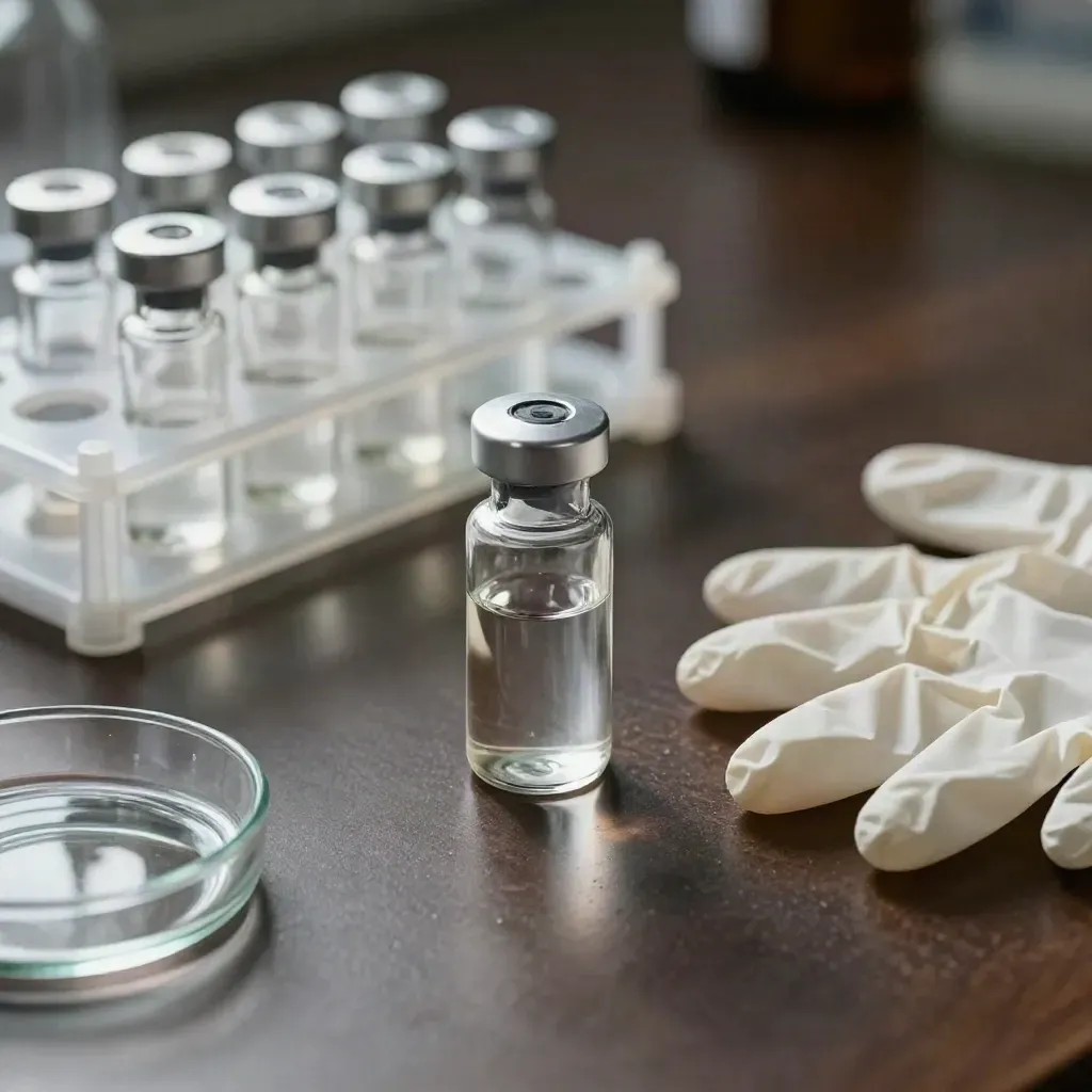 Top-down biotech still life of vials, sample rack, and folded gloves on a dark surface.