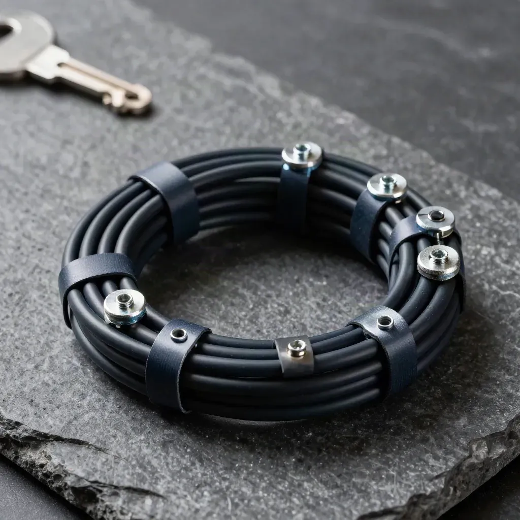 Macro still life of cable ties, rack screws, grommets, and a patch-cord coil on dark stone