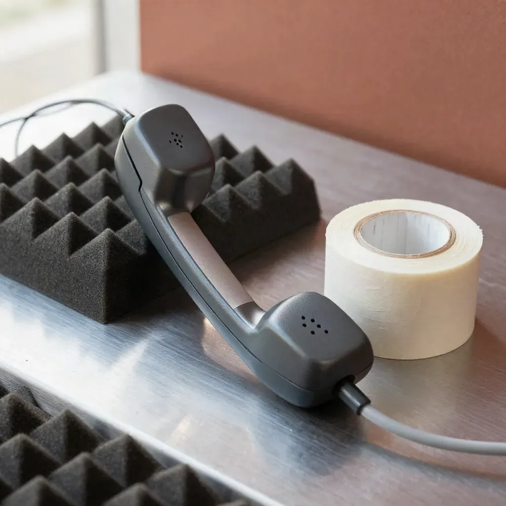 Handset cradle, acoustic foam wedges, and sealed note box on brushed metal under soft side light.