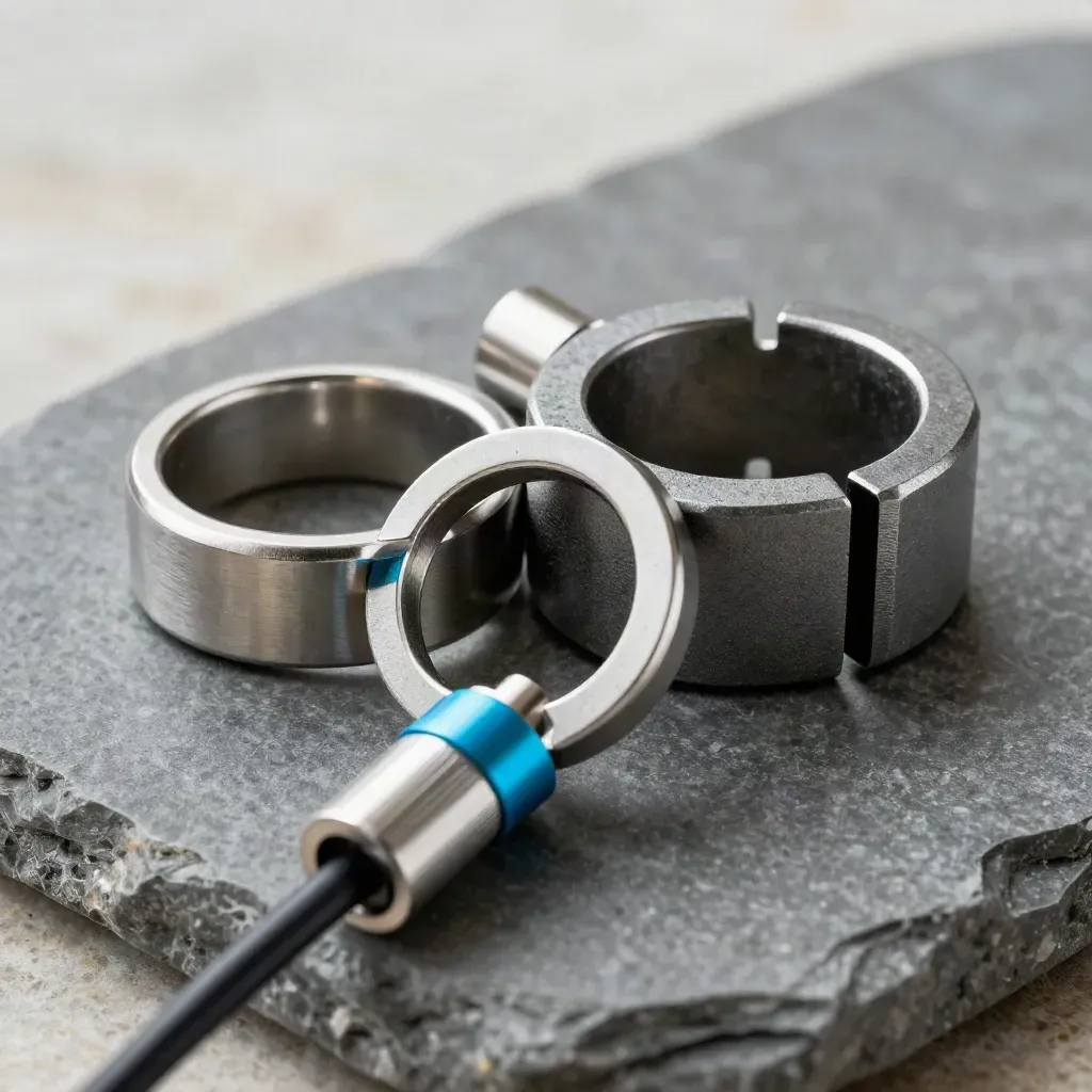 Macro still life of linked steel rings, machined blocks and a cable coupler on matte stone.