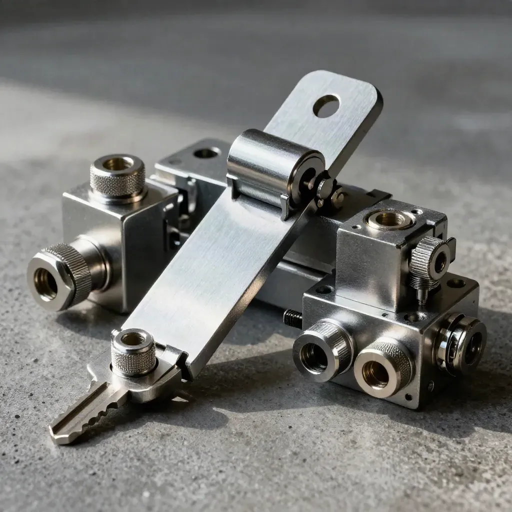 Metal hinge plates, fasteners, and a half-open latch on dark concrete under dramatic light.