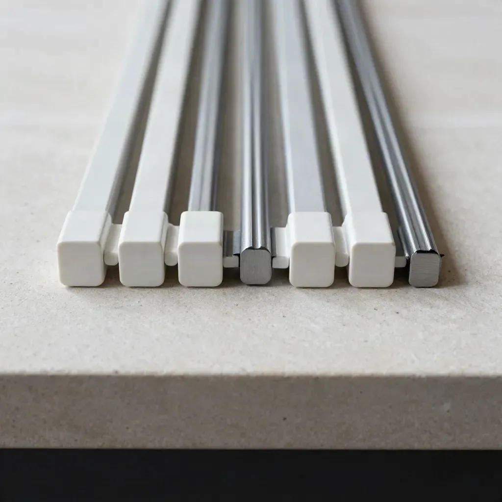 Top-down close-up of modular rails and spacer blocks on pale stone
