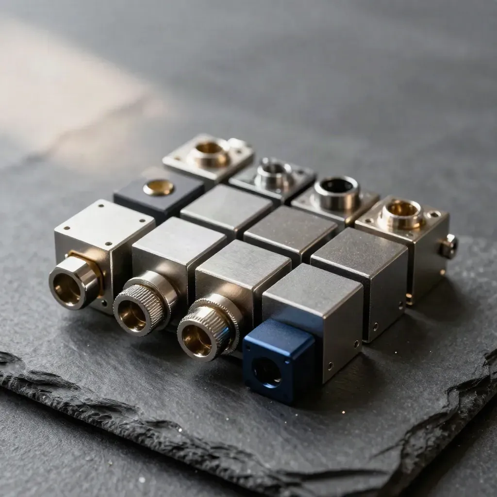 Graphite slate still life of connector plates, cable glands, and matte metal cubes with navy accent.